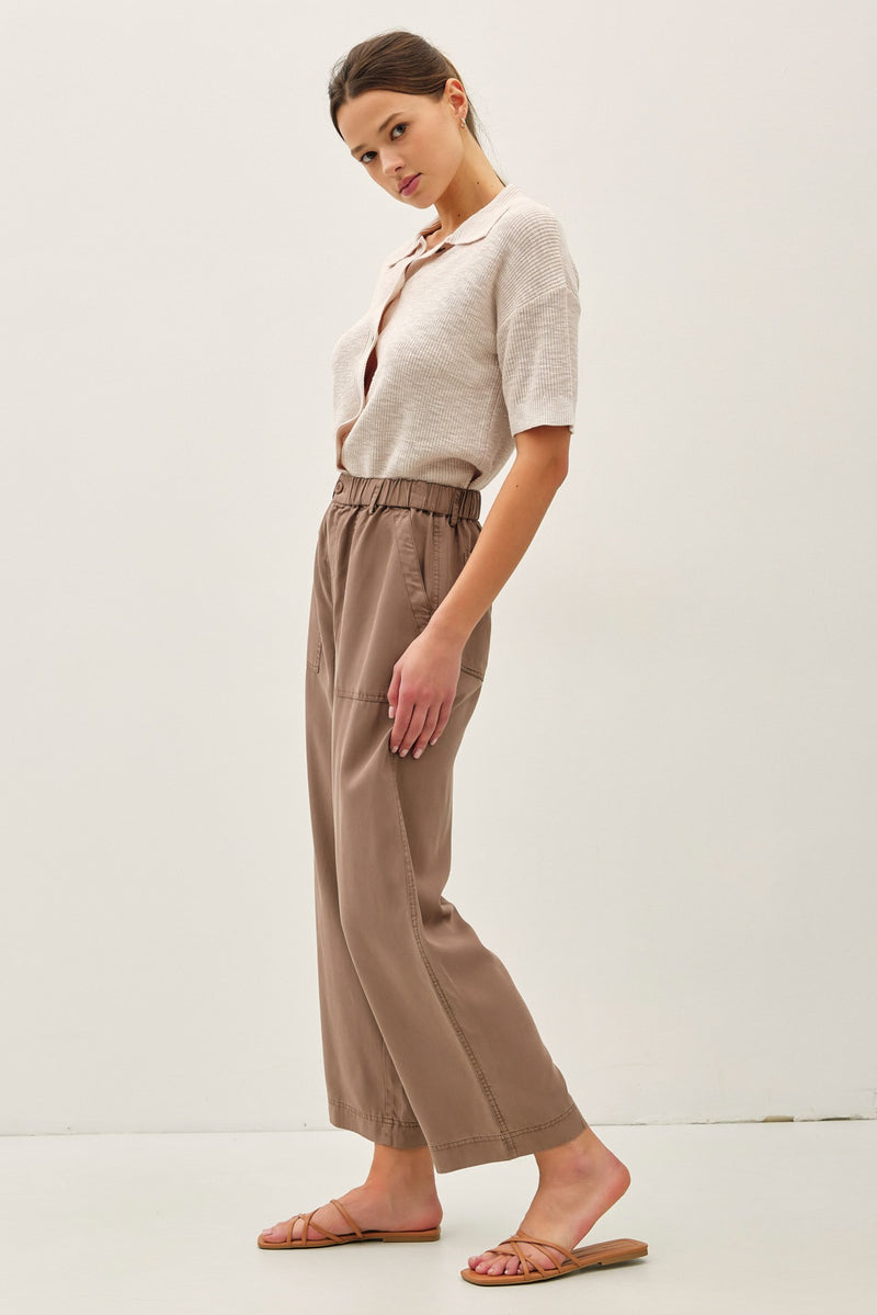 Wide Leg Tencel Drawstring Waist Pants Hazelnut