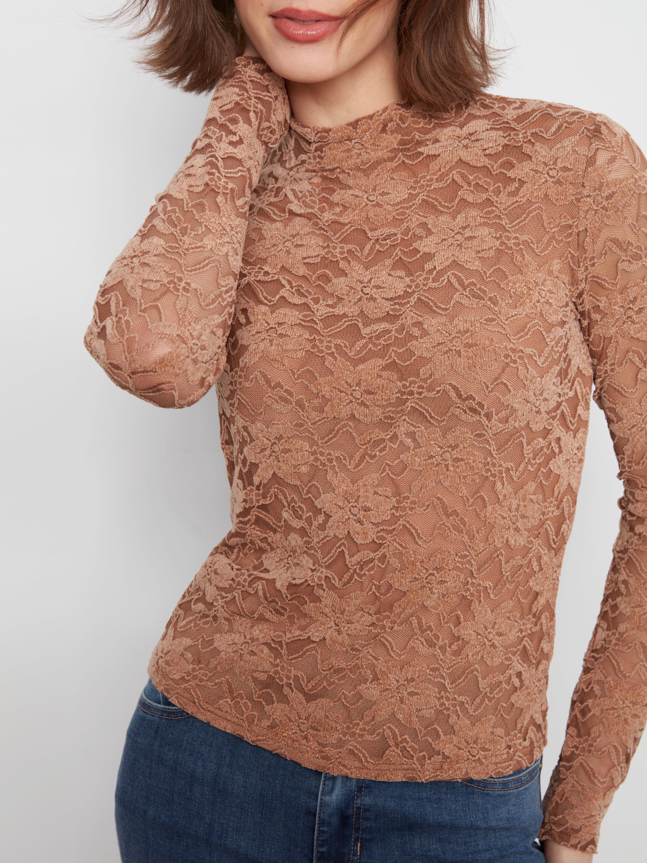 Flocked Lace Long Sleeve Mock Neck Top Truffle