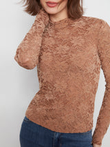Flocked Lace Long Sleeve Mock Neck Top Truffle