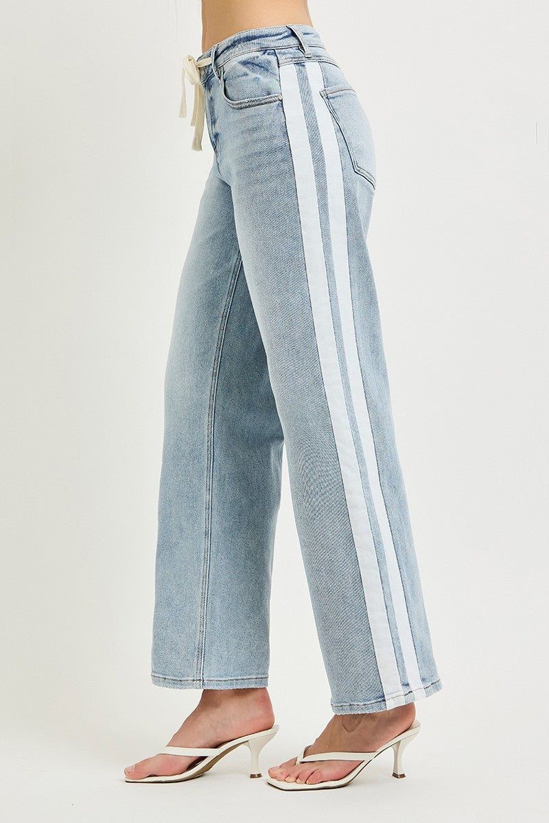 Baggy Tie Waist Stripe Side Jeans Light
