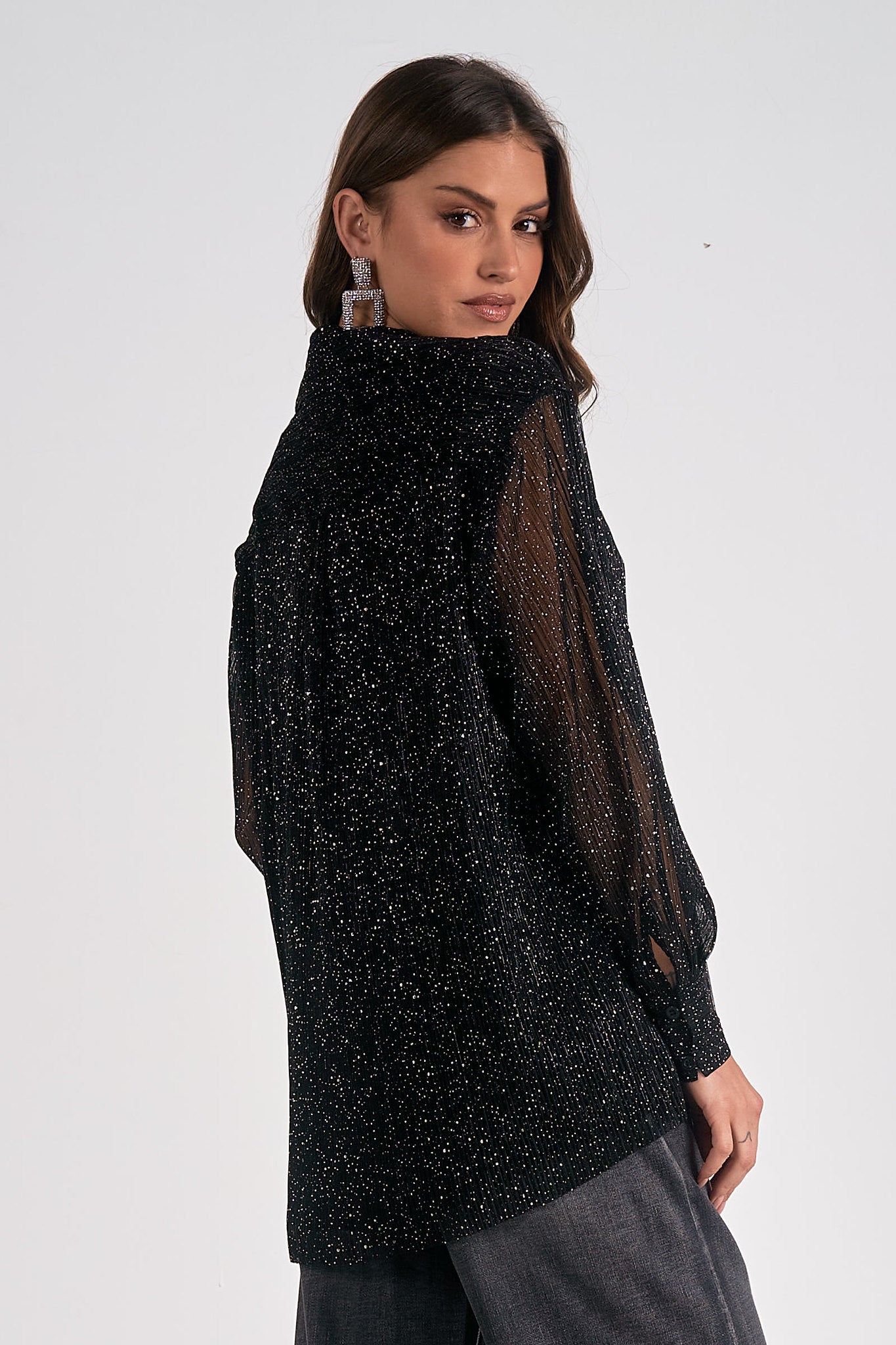 Textured Stripe Glitter Button Down Shirt Black Specs