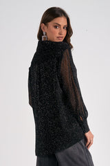 Textured Stripe Glitter Button Down Shirt Black Specs