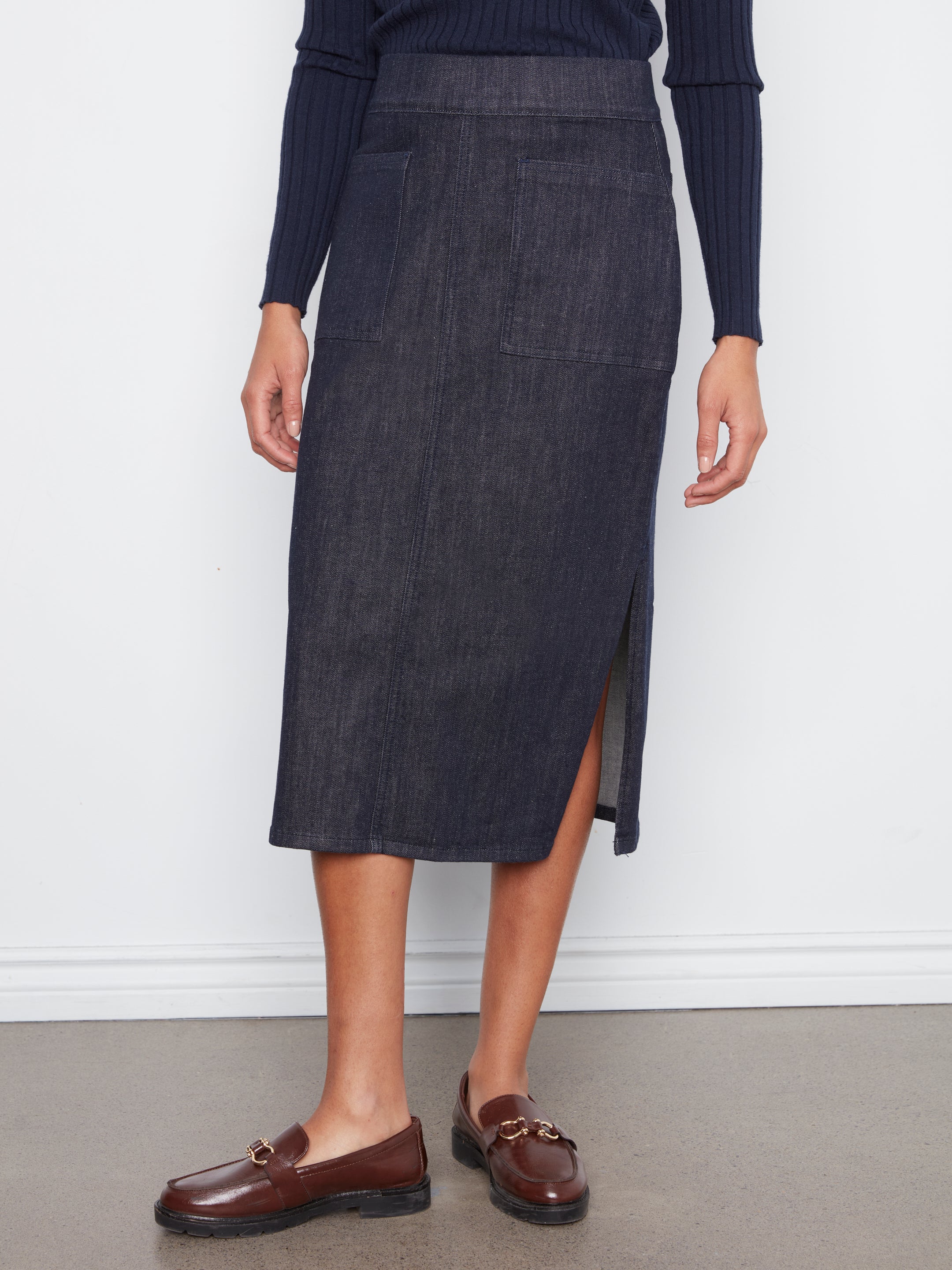Pull On Patch Pocket Stretch Denim Midi Skirt Deep Blue