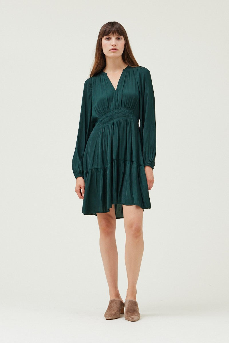Smock Waist Detail Long Sleeve Satin Mini Dress Deep Emerald