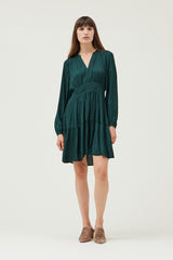 Smock Waist Detail Long Sleeve Satin Mini Dress Deep Emerald