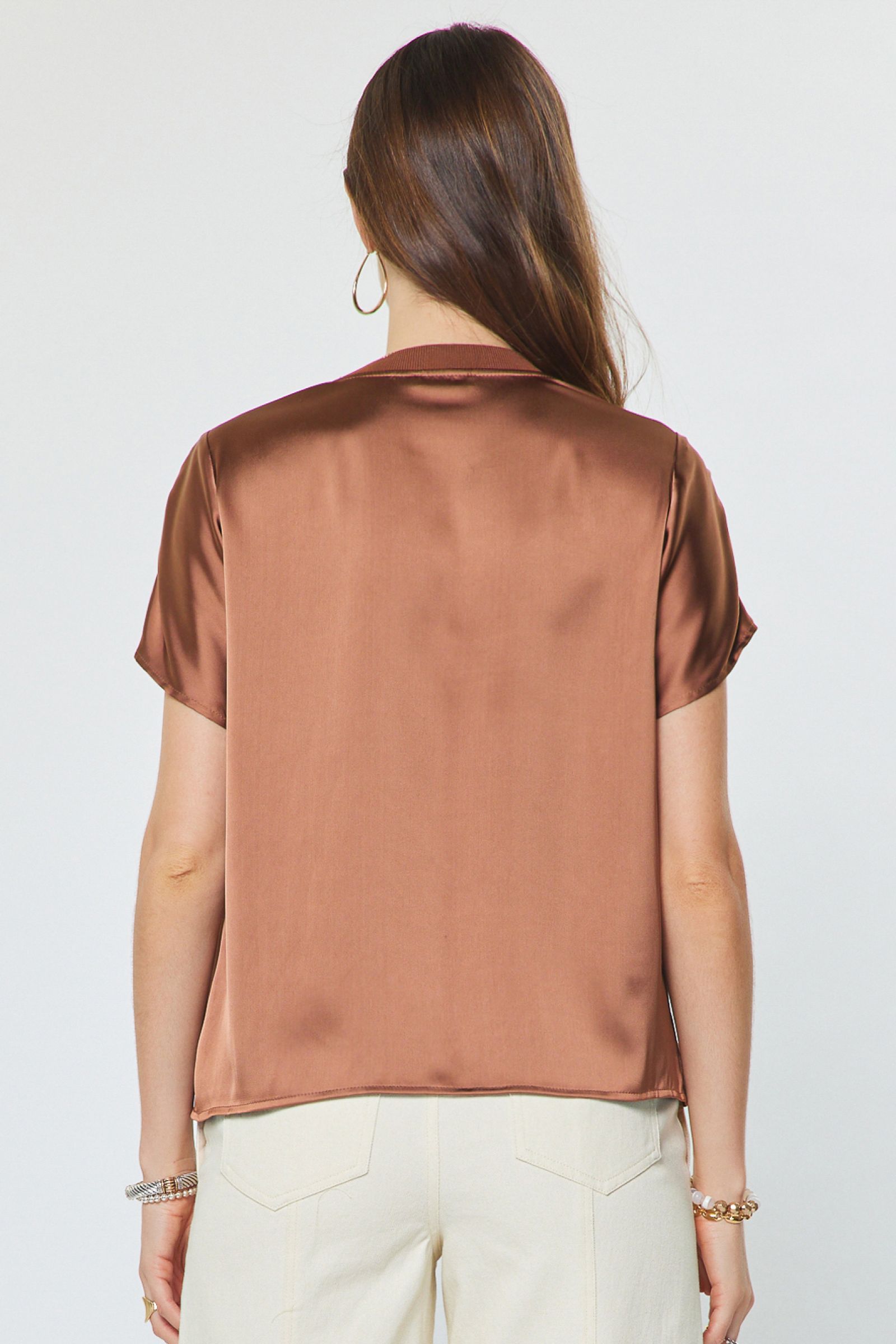 Gathered Shoulder Boxy Satin Top Mocha Mousse