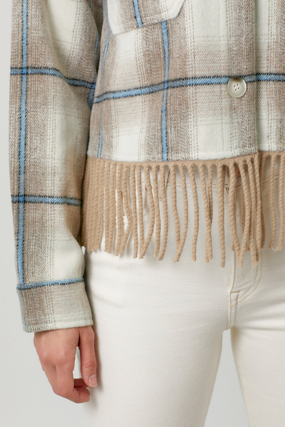 Fringe Hem Buttoned Plaid Jacket Almond + Ivory