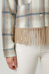 Fringe Hem Buttoned Plaid Jacket Almond + Ivory