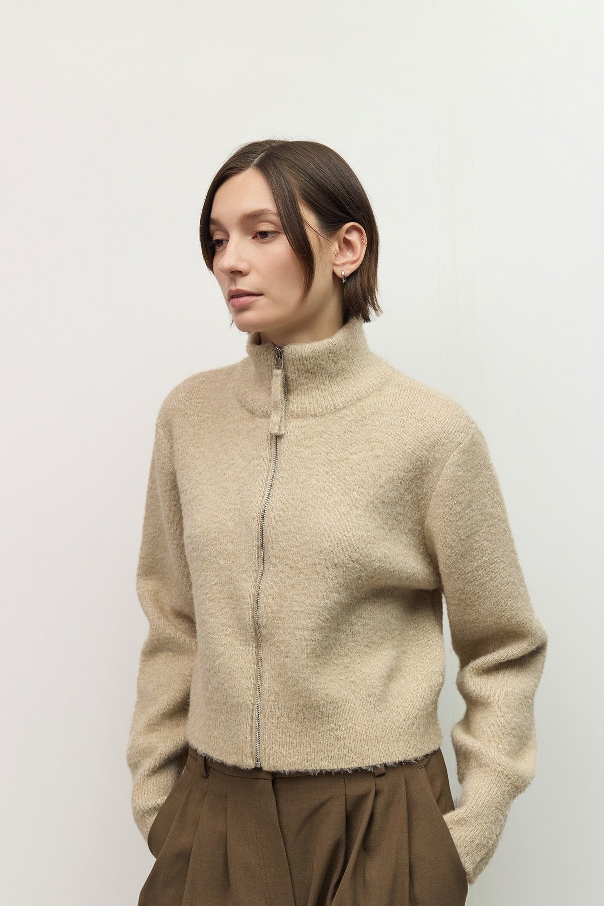 Nia Boucle Zip Sweater Beige