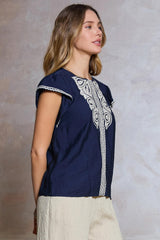 Embroidered Front Rick Rack Sleeve Blouse Navy