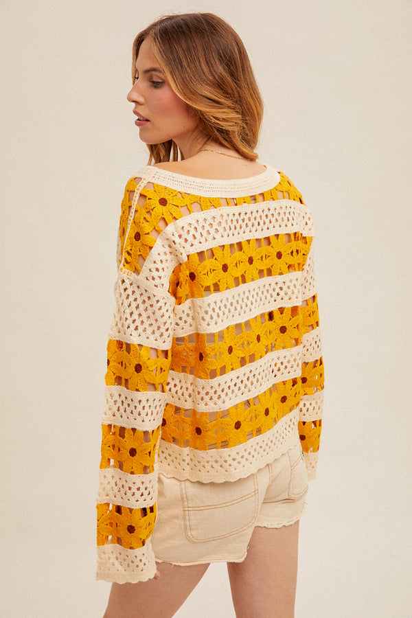 Daisy Crochet Knit Pullover Mustard