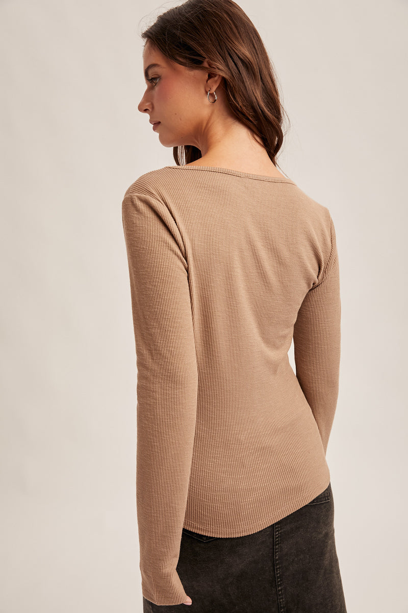 Lace Trim Detailed Long Sleeve Rib Top Mocha