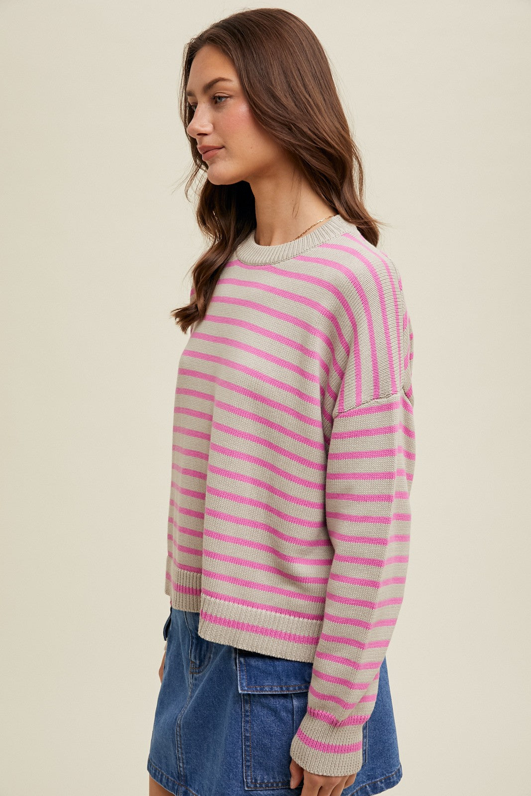 Ribbed Trim Crew Neck Stripe Sweater Stone + Orchid