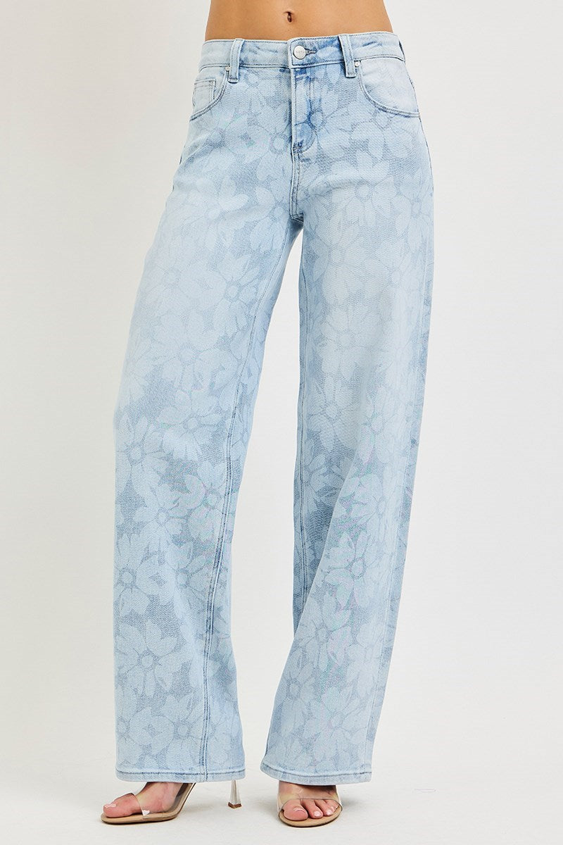 Bleached Daisy Print High Rise Wide Baggy Jeans Light