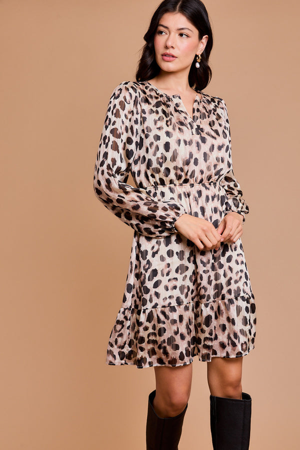 Long Sleeve V Slit Leopard Print Dress