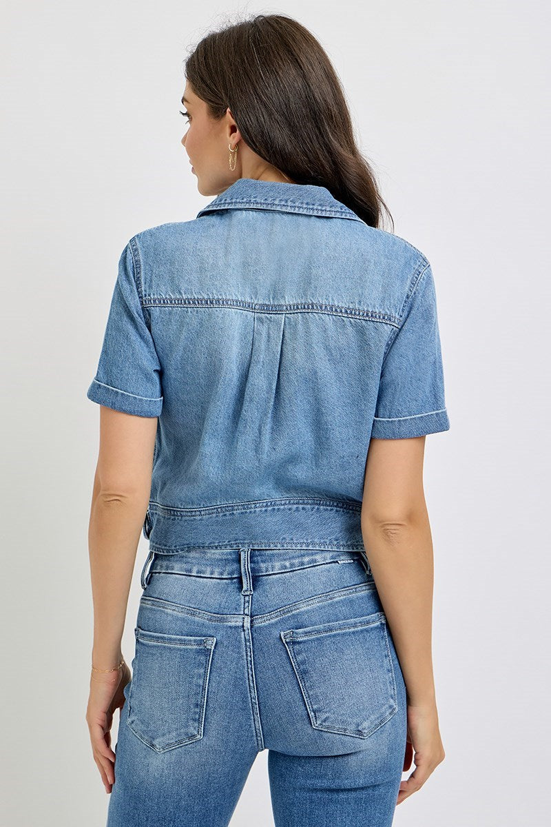 Short Sleeve Buckle Detail Denim Shirt Jacket Medium