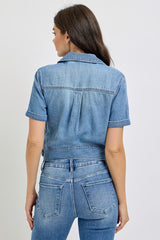 Short Sleeve Buckle Detail Denim Shirt Jacket Medium
