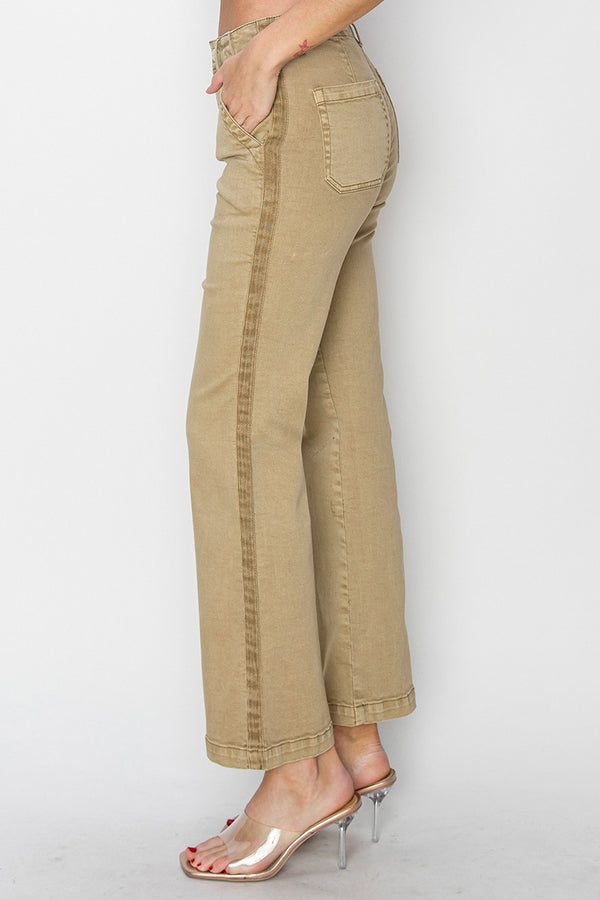 High Rise Side Twill Tape Detail Straight Pants Sand
