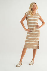 Striped Muscle Tank Sweater Midi Dress Mocha + Cream