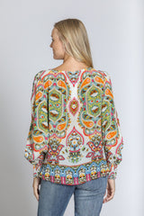 Smocked Cuff Elastic Neckline Printed Blouse Green Multi Paisley