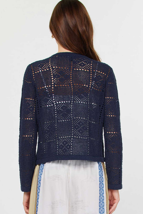 Open Knit Crew Neck Button Down Cardigan Denim Navy