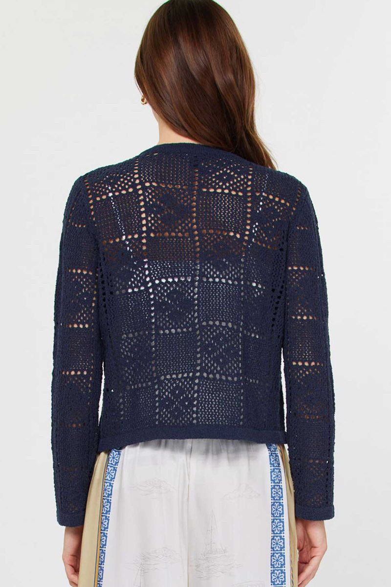 Open Knit Crew Neck Button Down Cardigan Denim Navy