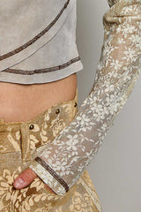 Vintage Wash Crossover Lace Sleeve Cropped Top Beige