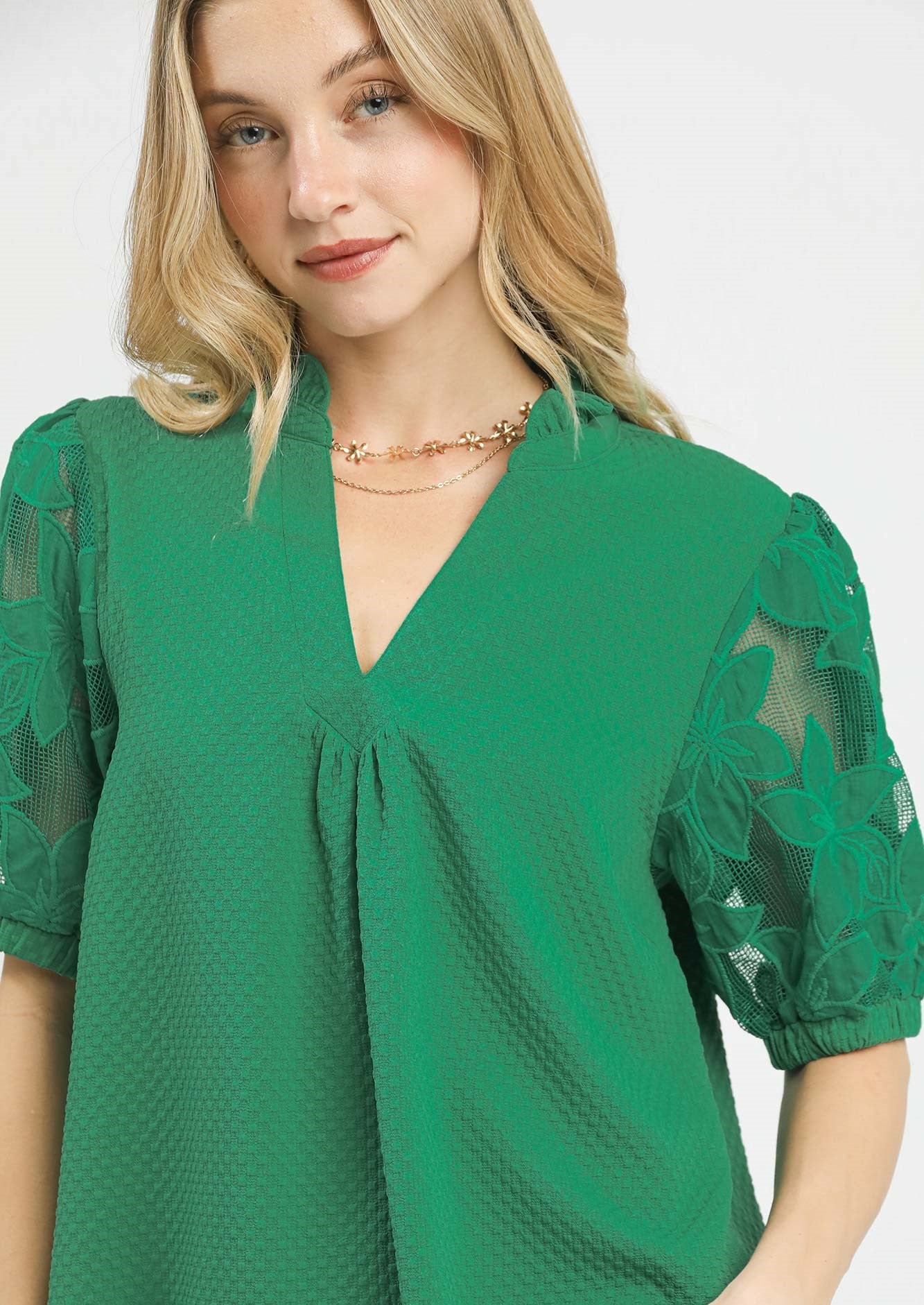 Textured Ruffle Neck Lace Puff Sleeve Kelly Green