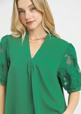 Textured Ruffle Neck Lace Puff Sleeve Kelly Green