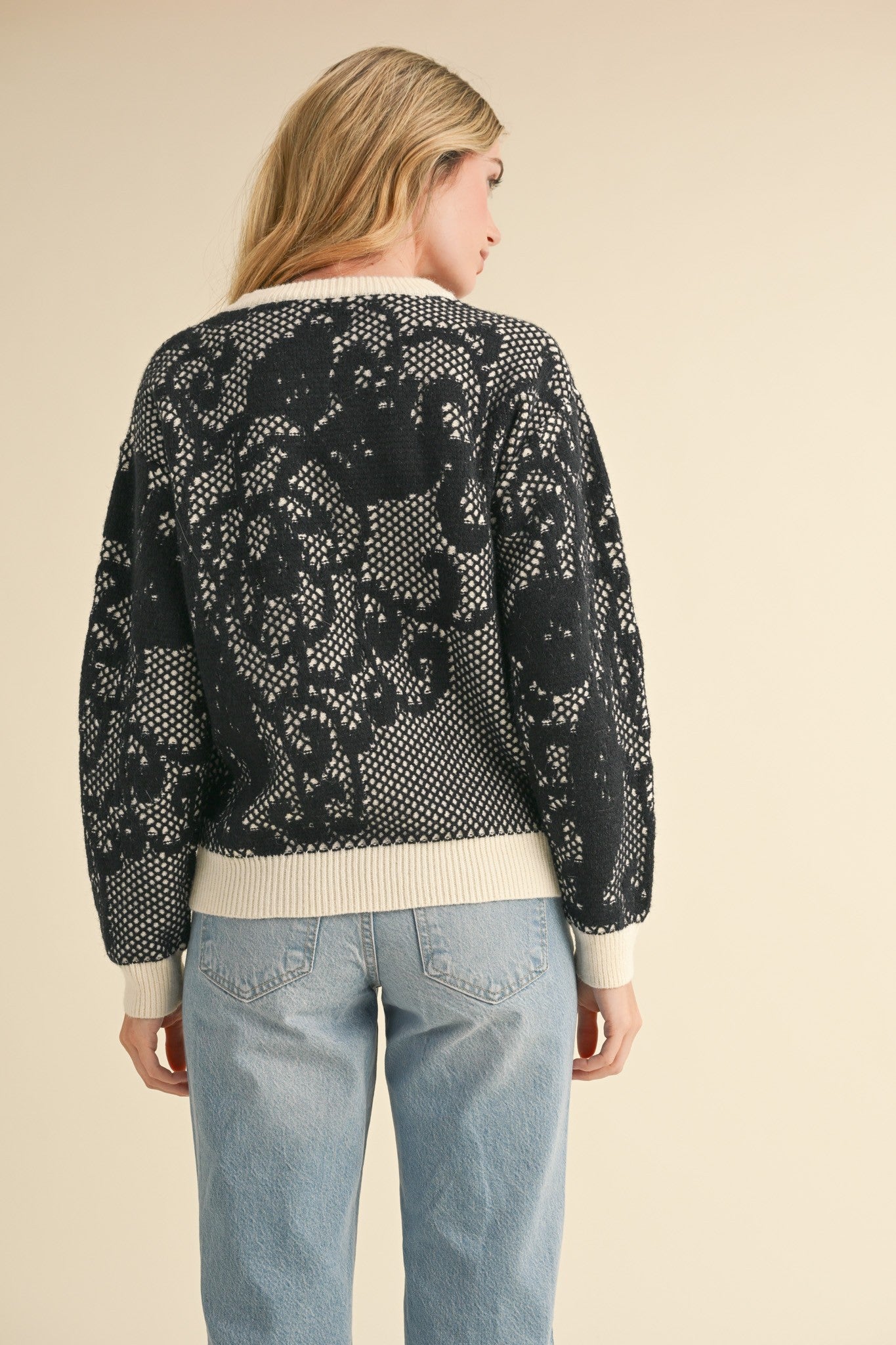 Lace Knit Pattern Sweater Black + Cream