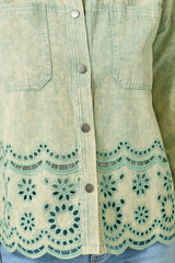 Eyelet Hem Detail Washed Shacket Sage Mint