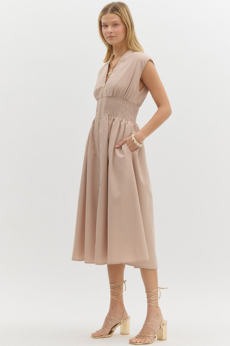 Vneck Sleevless Zipper Closure Midi Dress Latte