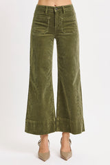 High Rise Crop Wide Patch Pocket Corduroy Pants Moss