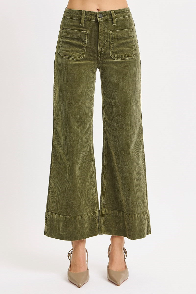 High Rise Crop Wide Patch Pocket Corduroy Pants Moss