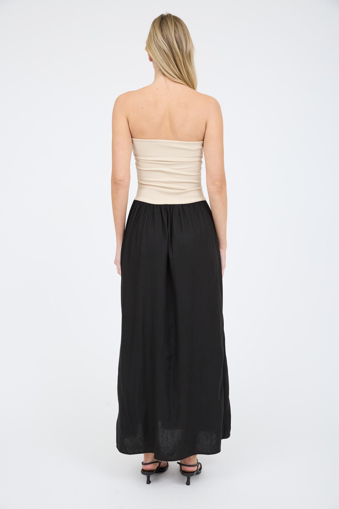Mix Media Contrast Strapless Fold Over Midi Dress Black