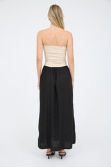 Mix Media Contrast Strapless Fold Over Midi Dress Black
