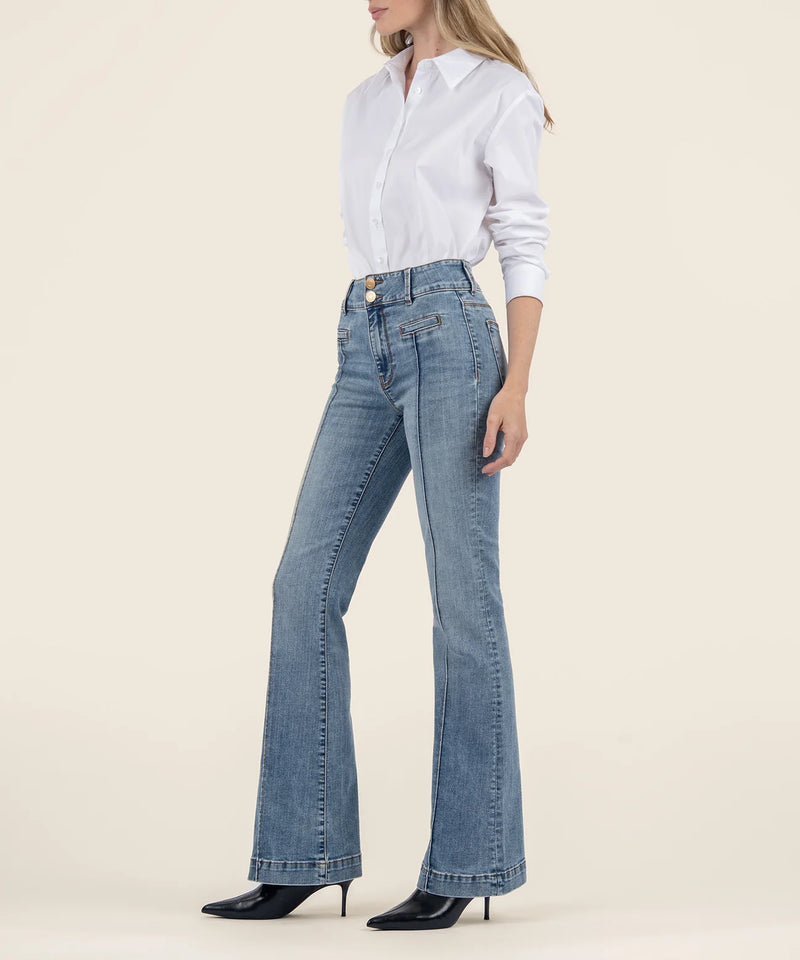 Ana High Rise Double Button Welt Pocket Flare Jeans Renewed