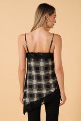 Lace Trim Asymmetric Hem Plaid Cami Black + White
