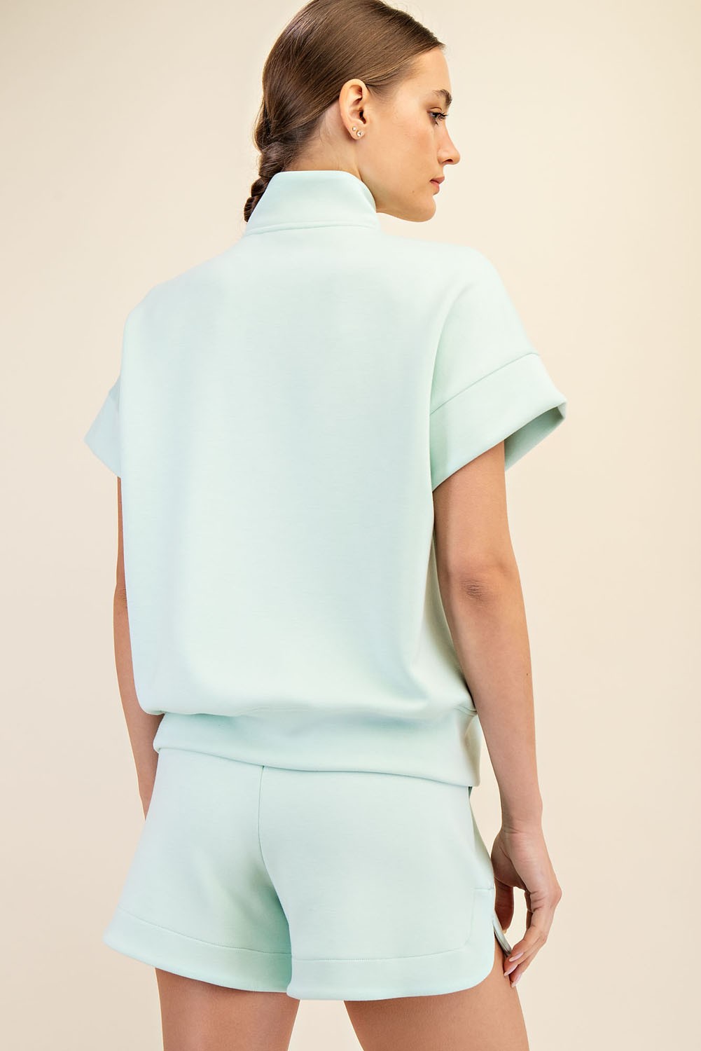 Modal Quarter Zip Short Sleeve Top Soft Mint