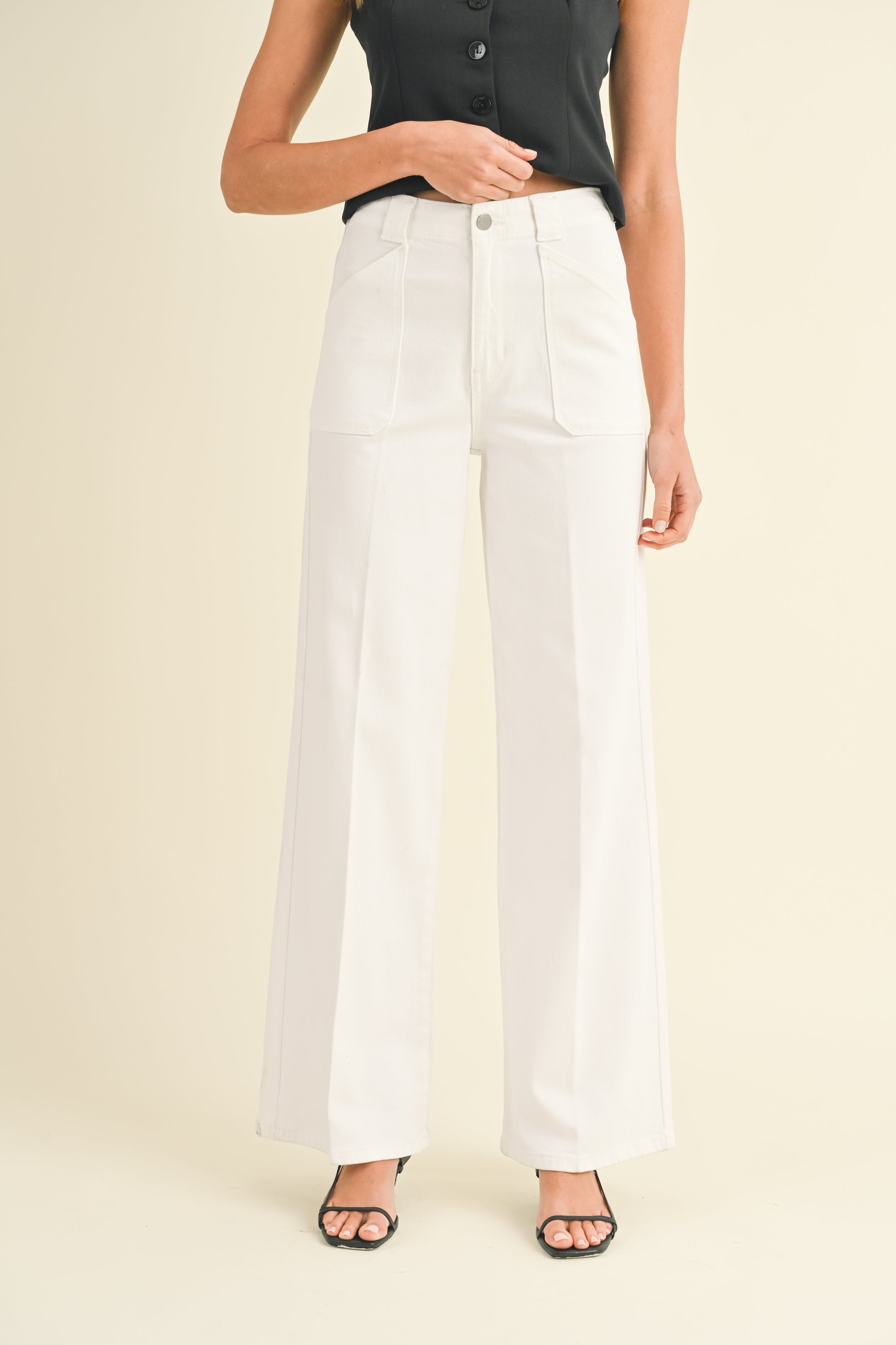 Patch Pocket Wide Leg Flare Jeans White