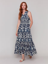 Printed Sleeveless Vneck Maxi Dress Navy