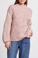 Funnel Neck Oversize Cable Knit Confetti Sweater Deep Rose