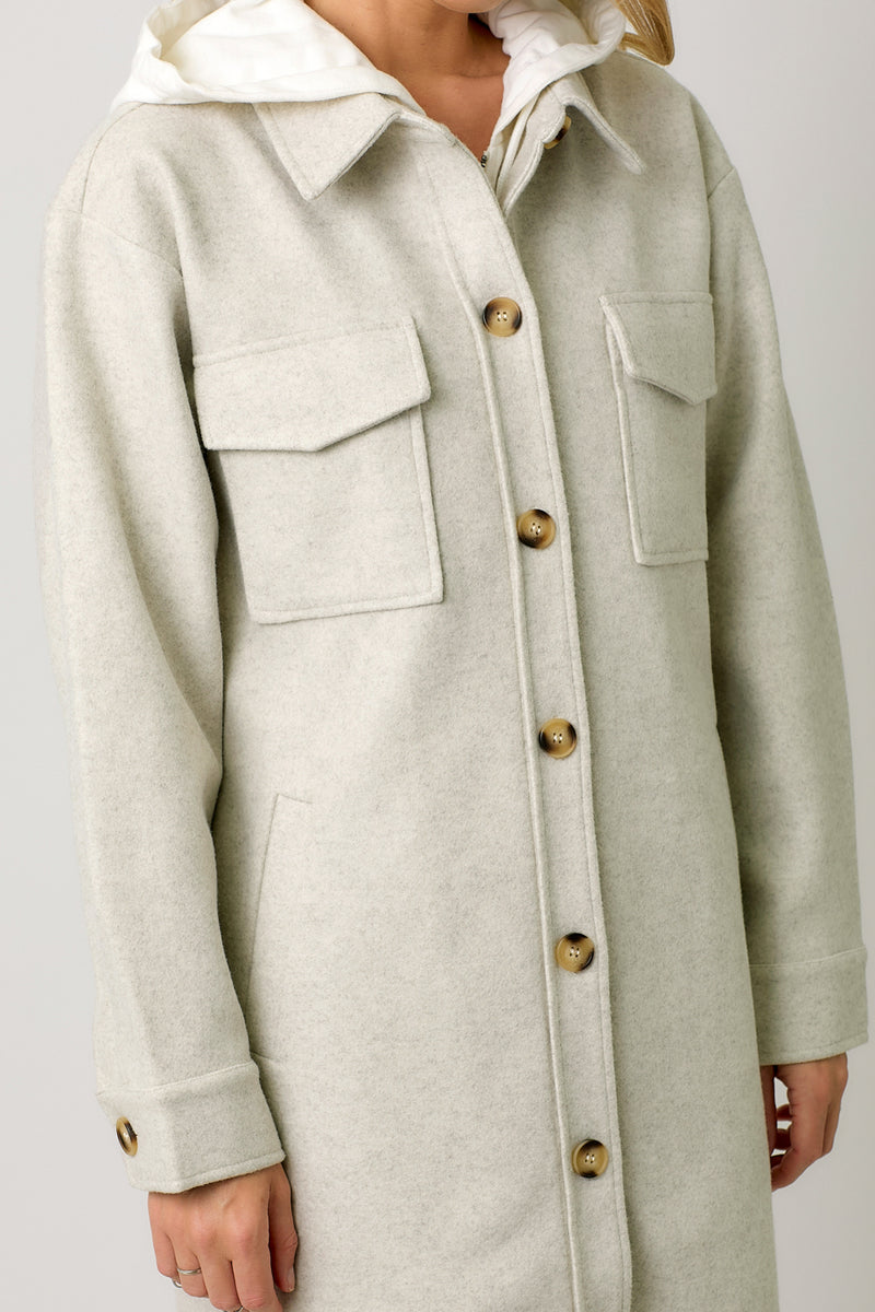 Two Fer Hoodie Solid Long Buttoned Coat