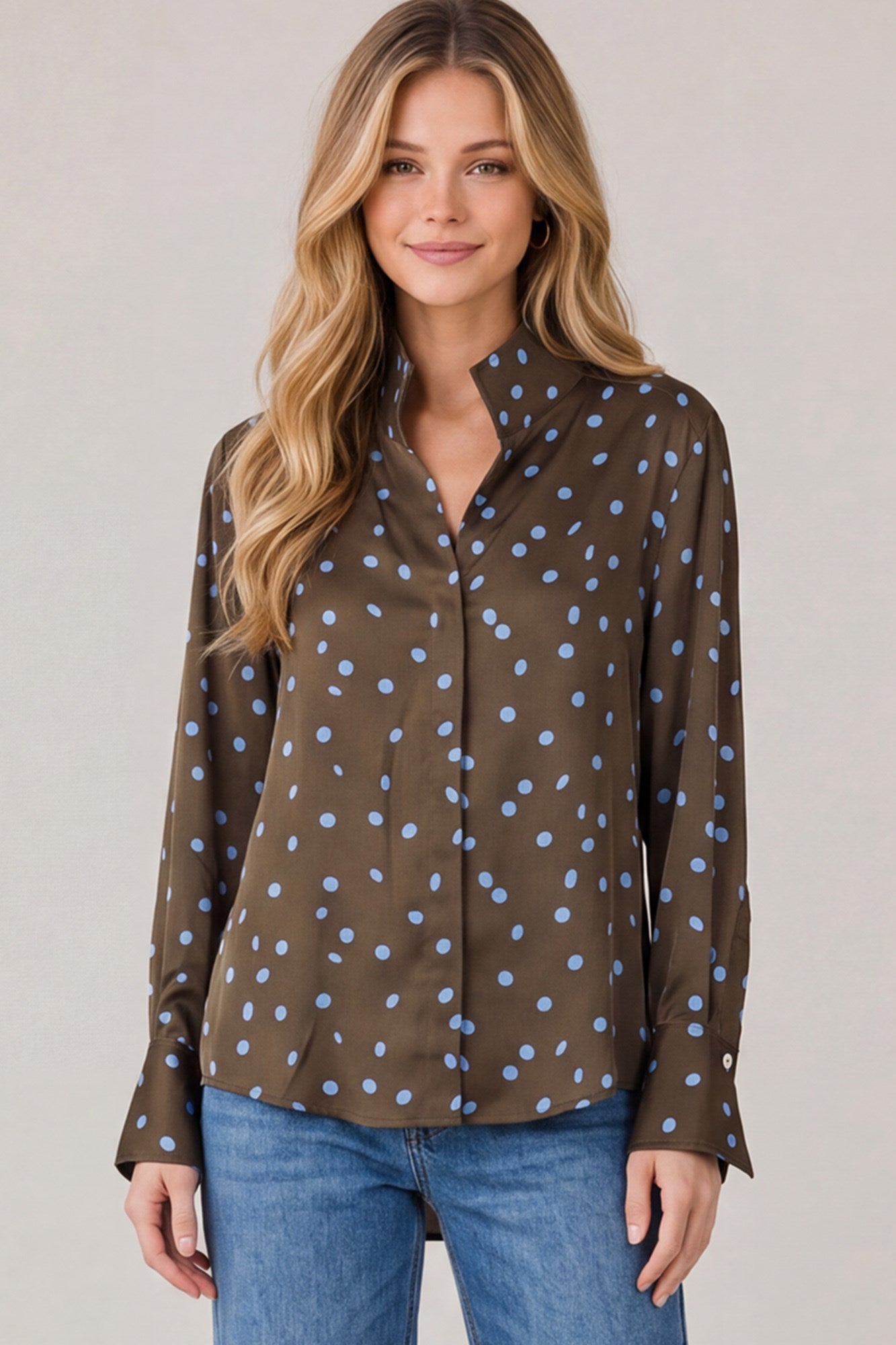 Stand Collar Polka Dot Blouse Brown