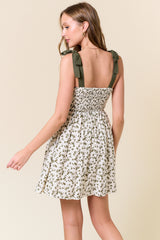 Floral Smocked Bodice Tie Strap Floral Dress Olive