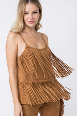 Double Layered Fringe Suede Cami Camel