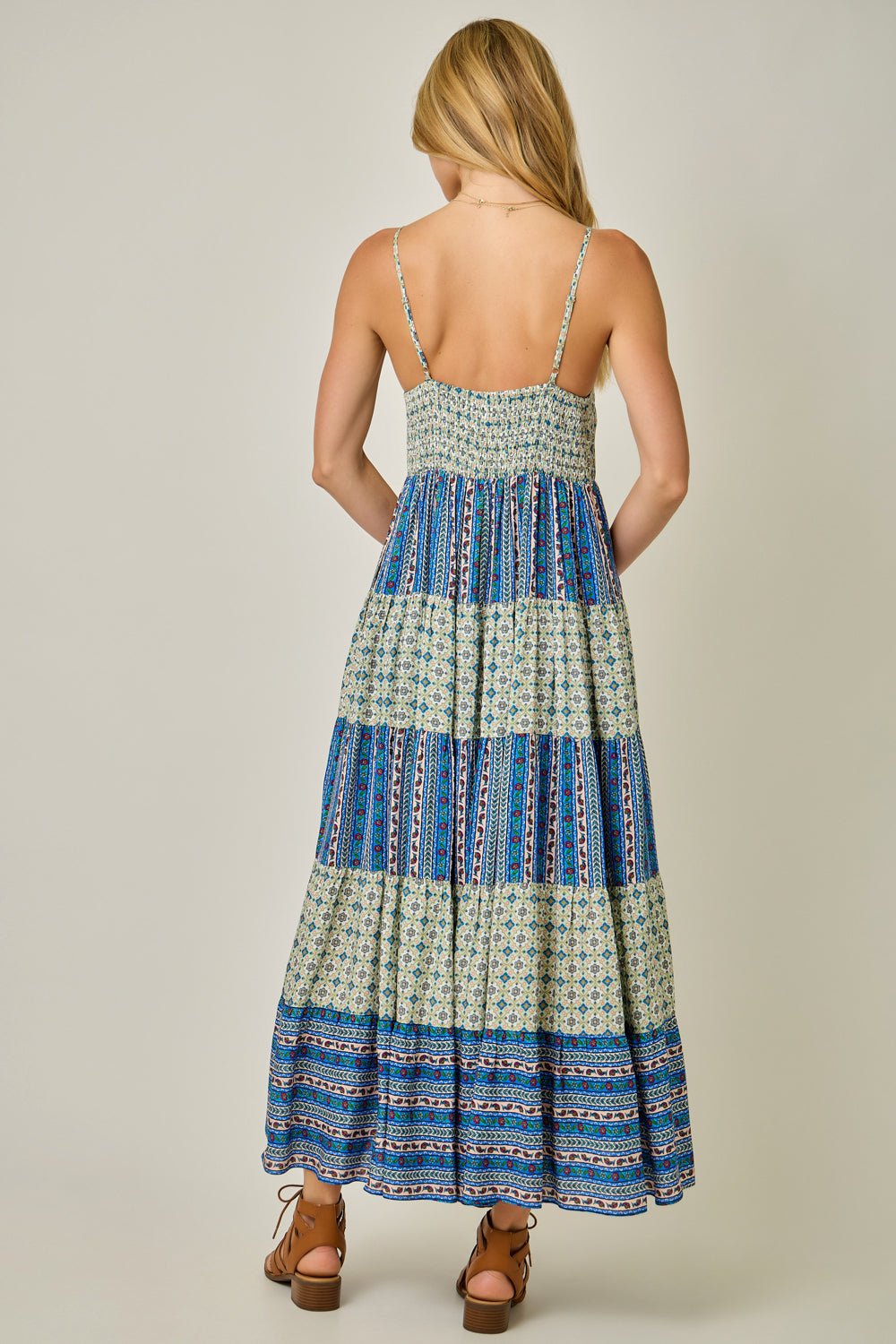 Color Blocked Boho Challis Tiered Sundress Sage + Blue