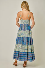 Color Blocked Boho Challis Tiered Sundress Sage + Blue