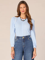 Crochet Shoulder Stripes Long Sleeve Top High Sky Blue