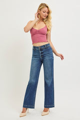 High Rise Welt Pocket Ankle Straight Jeans Dark